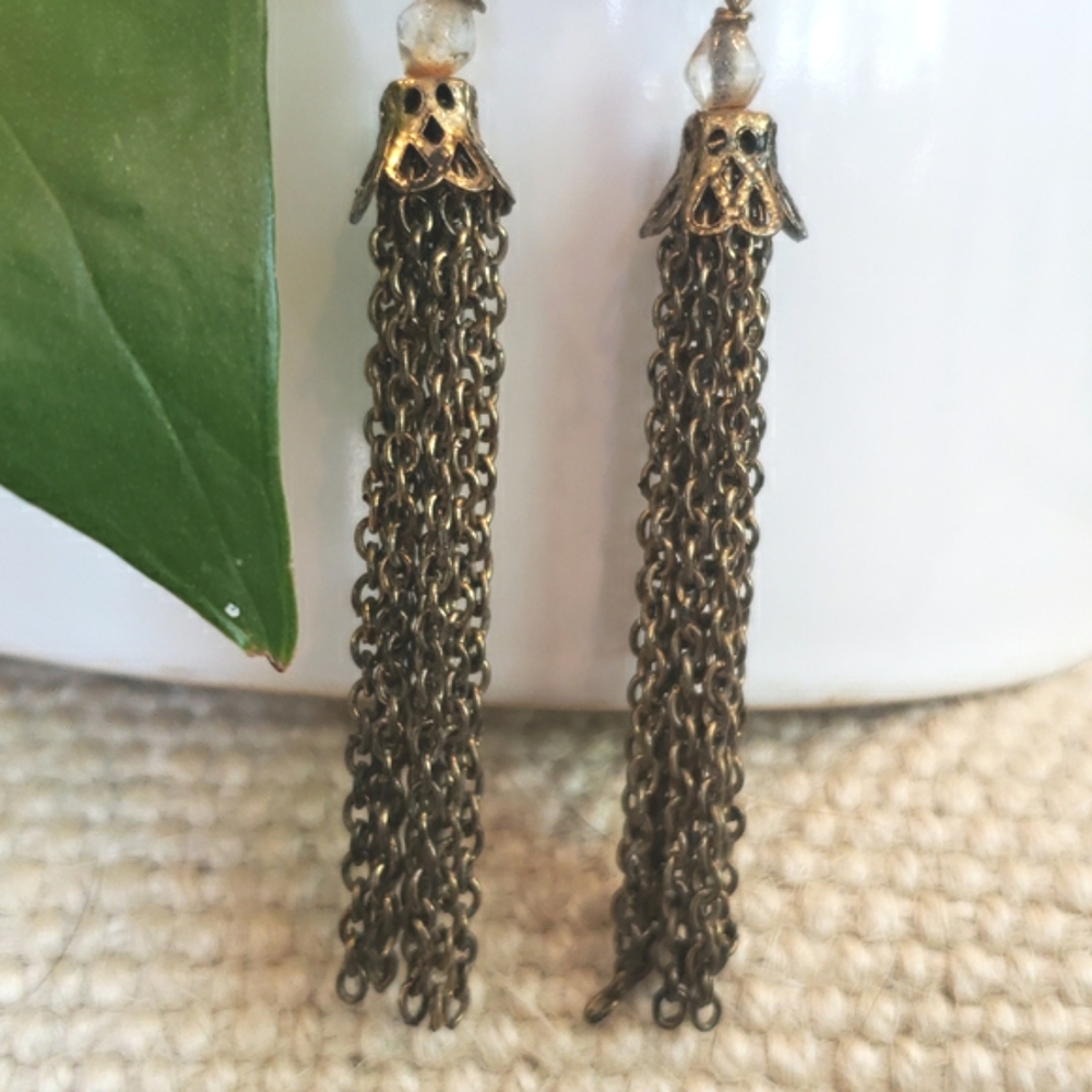 Vintage Gold Brass Chain Tassel Earrings • Marble Bead • Boho Statement Dangles - Picture 4 of 7